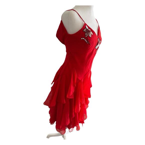VTG Y2K Red Silk Sequin Midi Cocktail Dress Gown Fairy Ruffle XS Ethereal Prom - Picture 6 of 12
